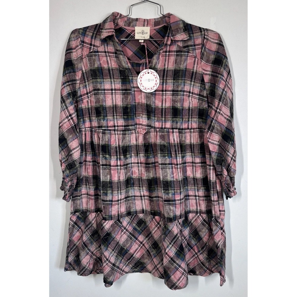Umgee Babydoll Long Sleeve Tiered Pink Plaid Flannel Dress Size L Fall Festival